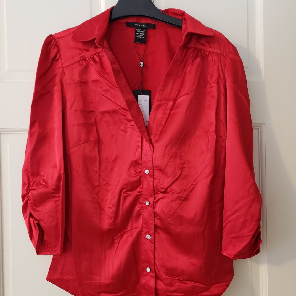 Vertigo Red Satin Button Down Shirt with embellished buttons Women's Size Medium